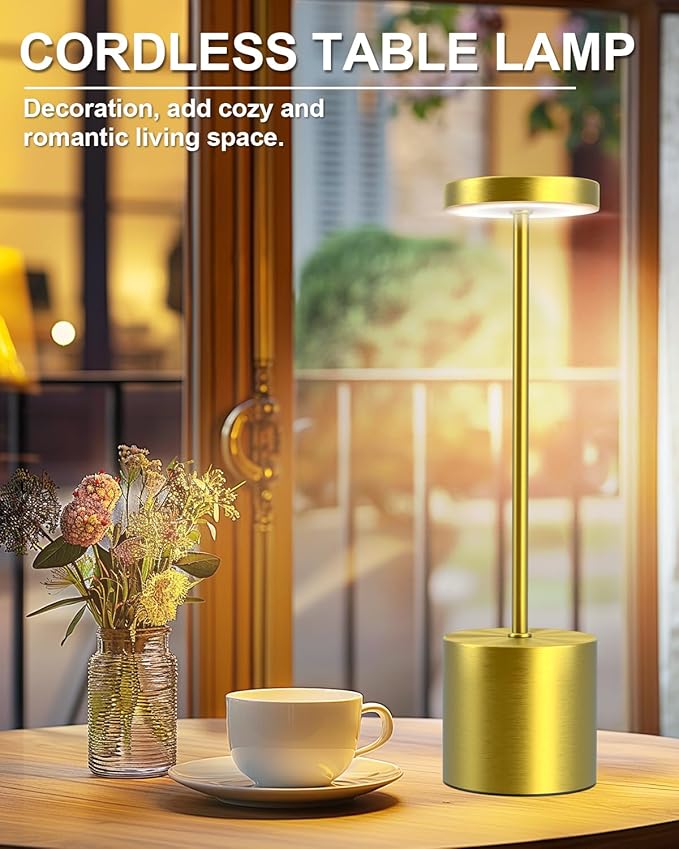 Cordless Table Lamps Rechargeable Set of 2, Portable LED Desk Lamp, 5000mAh Battery Powered Wireless Table Light - 3 Color Dimmable Lighting for Restaurant Dining Patio Outdoor Bedroom(Gold)