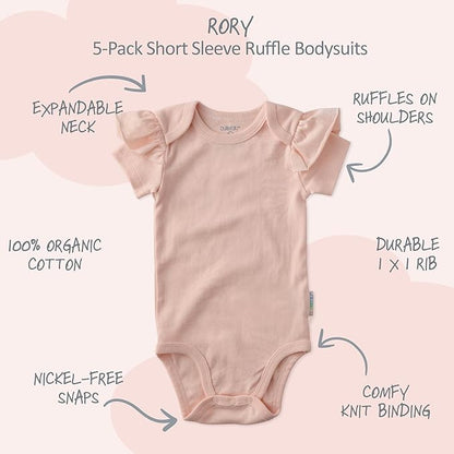 baby-girls Rory 5-pack Short Sleeve Ruffle Shoulder Bodysuits 100% Organic Cotton for Baby Girls