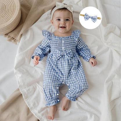 Newborn Infant Smocked Baby Girl Clothes Plaid Bubble Romper Long Leg Bodysuit Bow One-Piece Jumpsuit