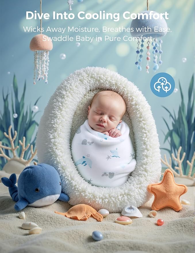 Momcozy Muslin Swaddle Blankets, Ultra Soft Neutral Registry Essentials, Marine Sea Sprite Magic, Breathable Large 47'' x 47'' Newborn Boys Girls Receiving Blanket