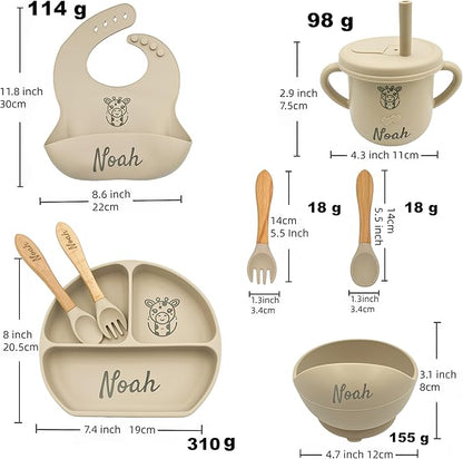 Personalized Name Food Grade 6pcs Baby Feeding Set with Spoon, Fork,Silicone Suction Bowls,Cup,Plate,and bib BPA Free - First Stage Self Feed (Color Khaki Y24)