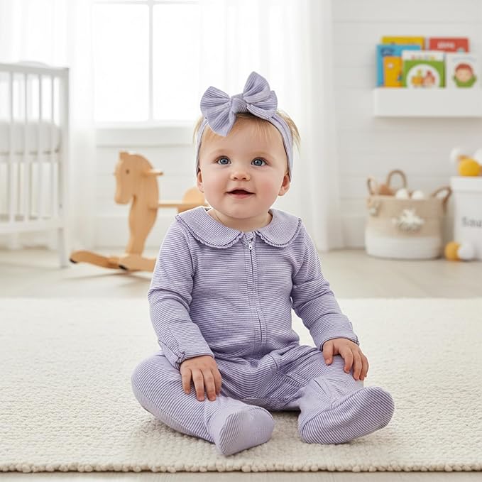 Gaono Newborn Baby Girl Romper Waffle Knit Striped Long Sleeve Doll Collar Heart Bow Jumpsuit Bodysuit Fall Winter Clothes