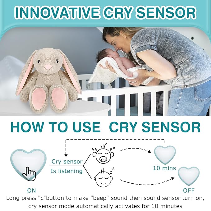 Dearbaby Baby Soother Cry Activated Sensor Toys,Heartbeat Bunny for Babies,Plush Stuffed Animal for Newborn Infants,Baby Toy Vibrating with Mom’s Heartbeat,Baby Shower Gifts for Girls and Boys