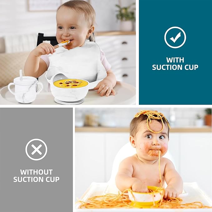 9pc BPA Free Silicone Baby Feeding Set - White: Suction Bowl, Divided Plate, Sippy Cup, Bib, Spoons, Forks - Baby Eating Utensils