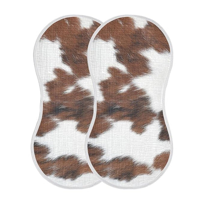 Muslin Baby Burp Cloths Set of 1, Soft Absorbent White Brown Print Cow Muslin Washcloths, Bibs, Face Towel for Newborn Boys Girls, 22 x 11 Inch