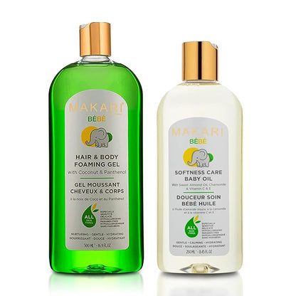 MAKARI Baby Care Bundle | Hypoallergenic Foaming Gel & Softness Care Baby Oil | Gentle Hair and Body Wash & Nourishing Oil for Sensitive, Delicate Skin