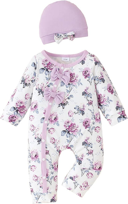 Mioglrie Newborn Baby Girl Clothes Long Sleeve Romper Infant Fall Winter Outfits Floral Hat Jumpsuit Preemie Girl Clothes