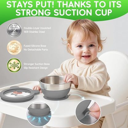 Suction Bowl and Spoon Set for Babies and Toddlers Non-Slip Silicone Suction Cups, Advanced 304 Stainless Steel Bowls, Double-Layer Insulation, and BPA-Free Lids Food-Grade Safety