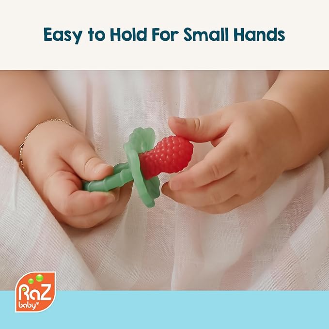 RaZbaby RaZberry Silicone Teether Pacifier – Teething Relief for Infants, Food-Grade, BPA-Free, Hands-Free Design, Natural Berrybumps Fruit Texture for Sensory Development, Freezable – Pink