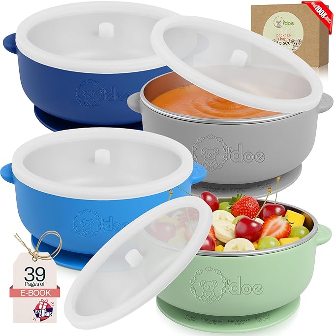 o'doe Baby Bowls with Lids – Stainless Steel Baby Feeding Bowls with Suction | Non-Slip Toddler Bowls for Self Feeding | BPA-Free Kids Bowls for Babys Food & Snacks | Stainless Steel Bowls Kids