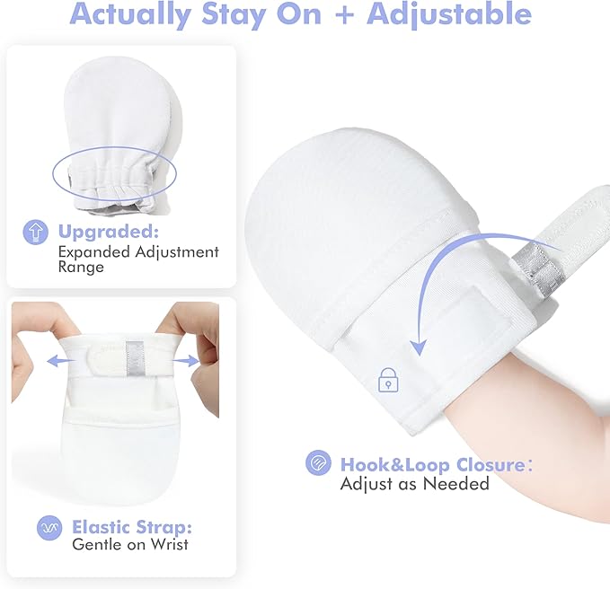 HAPIU Baby No Scratch Mittens Stay On, 100% Cotton Breathable, Adjustable Infant Gloves for Boys Girls, Newborn - 12 M