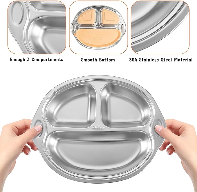 Stainless Steel Baby Suction Plates Divided Plates for Babies and Toddlers, Made of 100% Food-Grade Materials Ideal for Baby-Led Weaning BPA-Free Toddler Feeding Dishwasher Safe Orange-pink