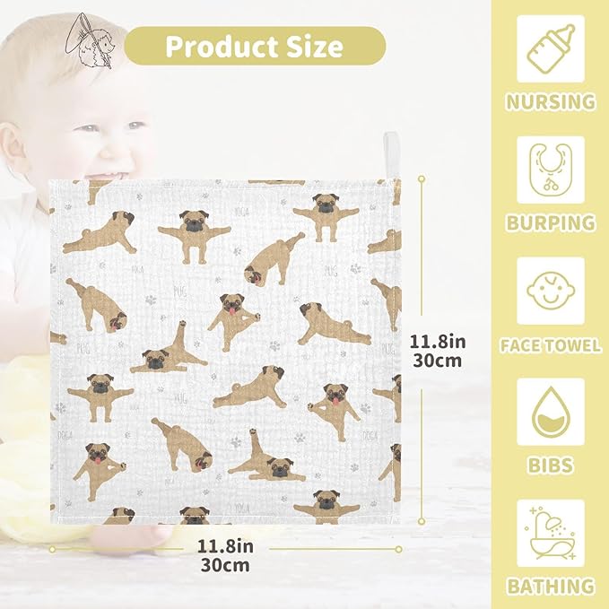 vvfelixl Baby Cotton Washcloths Pug Dog Infants Bath Towel for Unisex Face Towels for Newborn, Natural Baby Wipes Delicate Skin, 11.8 X 11.8 inch, one sizex5