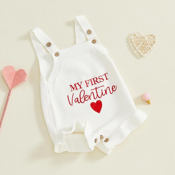 Infant My First Valentines Baby Girl Outfit Newborn Button Heart Embroidery Knit Romper Bubble Bodysuit One Piece