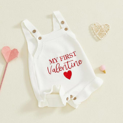 Infant My First Valentines Baby Girl Outfit Newborn Button Heart Embroidery Knit Romper Bubble Bodysuit One Piece