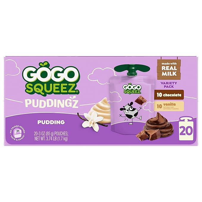 GoGo squeeZ PuddingZ Variety Pack, On-the-Go Chocolate and Vanilla Pudding, 3 oz. Pouches (Pack of 20), BPA Free Pouches