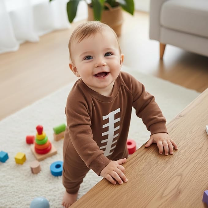 allshope Newborn Baby Boy Girl Fall Outfit Romper Sweatshirt Football Rugby Print Onesie Jumpsuit Bodysuit Infant Clothes