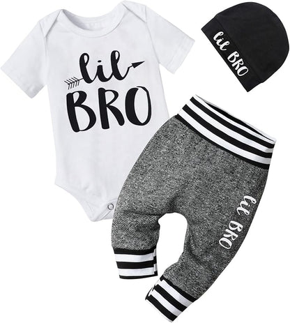 Fommy Newborn Baby Boy Clothes New to The Crew Letter Print Romper+ Pants+Hat 3PCS Outfit