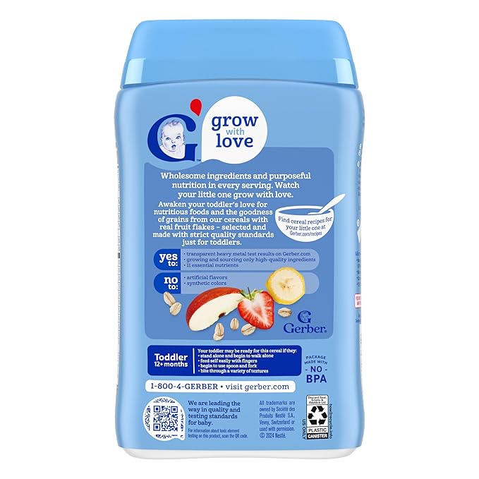 Gerber Toddler Food, Multigrain Banana Apple Strawberry Cereal, 8g Whole Grains, Iron, Zinc & Vitamin B12, Toddler Cereal, 6-Pack
