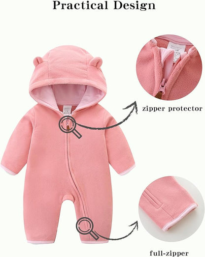 Newborn Baby Bear Onesie Winter Snowsuit With Fold-over Mittens & Footies Zip Up Baby Fleece Jumpsuit 0-18M
