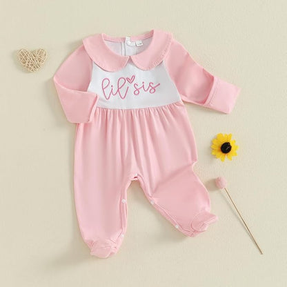 Newborn Baby Girl Footed Romper Onesie Little Sister Embroidery Fall Clothes Coming Home Outfit Vintage Jumpsuit