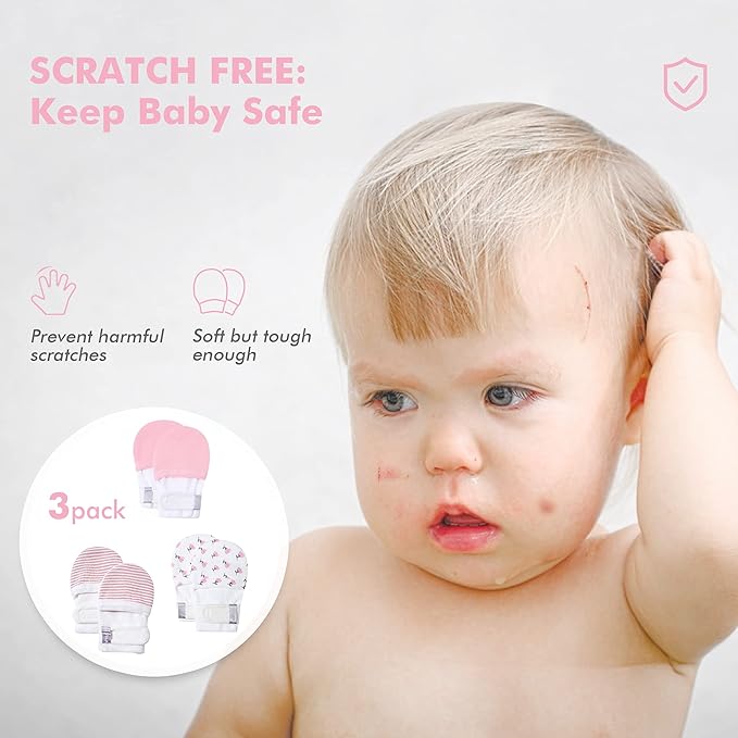 HAPIU Baby No Scratch Mittens Stay On, 100% Cotton Breathable, Adjustable Infant Gloves for Boys Girls, Newborn - 12 M