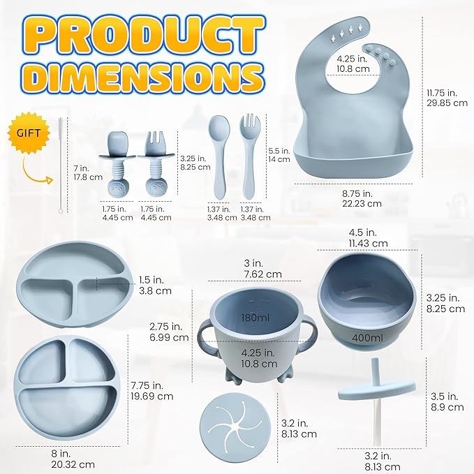 Baby Led Weaning Supplies | 10 Piece Silicone Baby Feeding Set | Baby Toddler Bib Cup Divided Plate and Bowl Self Feeding Spoons Dish Set | Baby Utensils | Toddler Feeding Supplies (Sky)