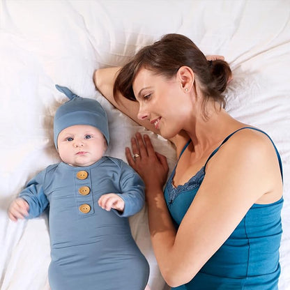 Soft Baby Knot Gown 0-3 Months, Newborn Announcement Sleepers With Mitten Cuffs and Personalized Wooden Name Tag