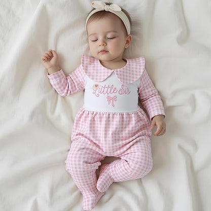 Newborn Baby Girl Footed Romper Onesie Little Sister Embroidery Fall Clothes Coming Home Outfit Vintage Jumpsuit