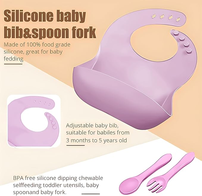 Silicone Baby Feeding Set,Miicasa Baby Led Weaning Supplies Kit With Suction Bowl & Car Plate, Bib, Spoon, Fork, Cup - Food-Grade Silicone, Dishwasher-Safe, No BPAs - For 3+ Months