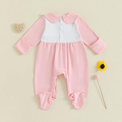 Gaono Newborn Baby Girl Romper Waffle Knit Striped Long Sleeve Doll Collar Heart Bow Jumpsuit Bodysuit Fall Winter Clothes