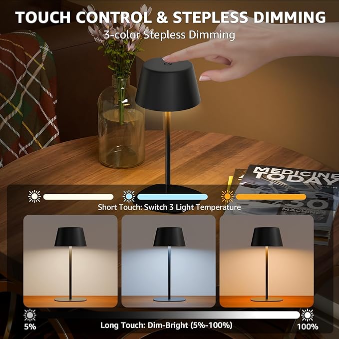 FUYO 2 Pack Rechargeable Table Lamp, Cordless Battery Operated Lamp, Waterproof Shower Lamp with 3 Colors Stepless Dimming, Desk Night Lamp for Bathroom Bedroom Patio Camping Restaurant (Black)