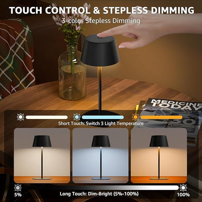 FUYO 2 Pack Rechargeable Table Lamp, Cordless Battery Operated Lamp, Waterproof Shower Lamp with 3 Colors Stepless Dimming, Desk Night Lamp for Bathroom Bedroom Patio Camping Restaurant (Black)