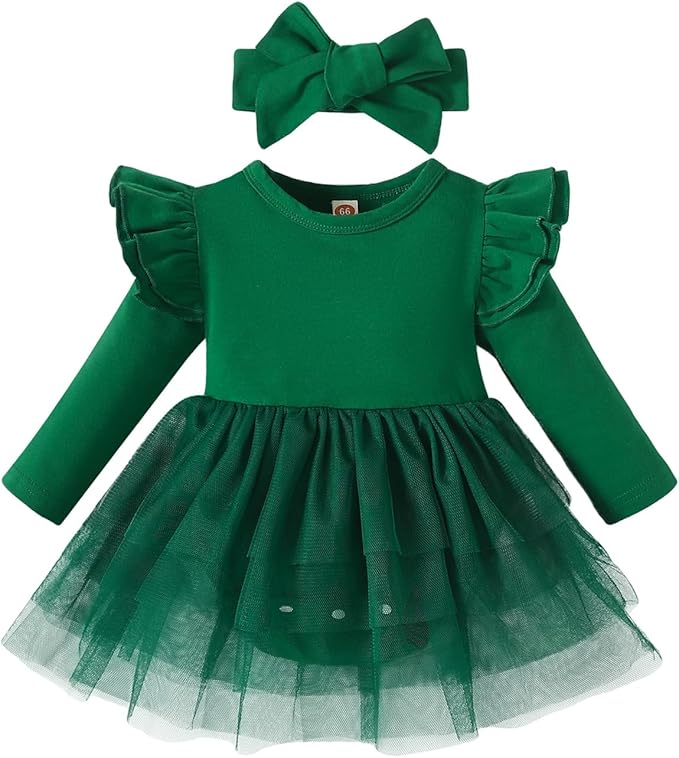 Baby Girl Clothes Infant Ruffle Sleeve Romper Dress Newborn Solid Tutu Skirt Sets Jumpsuit Headband Outfit