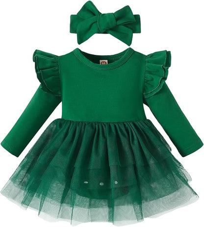 Baby Girl Clothes Infant Ruffle Sleeve Romper Dress Newborn Solid Tutu Skirt Sets Jumpsuit Headband Outfit