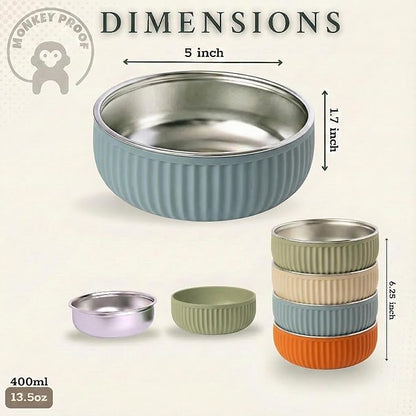 Monkey Proof™ Non-Toxic Stainless Steel Child Bowl 5” with Non-Slip Grooved Silicone Shell, (Set of 4 bowls) Unbreakable, Mess Free Feeding for Babies, Toddlers, Kids, BPA free (Arizona Grooved)