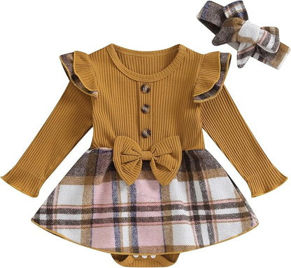 Hnyenmcko Newborn Baby Girl Christmas Clothes Infant Red Plaid Romper Dress Ruffle Long Sleeve Ribbed Bodysuit Headband Set