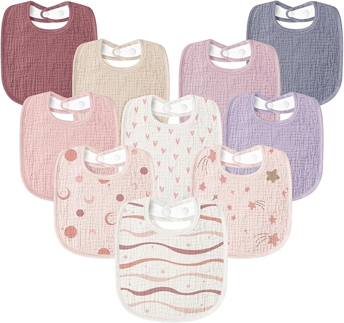 Susurration Muslin Baby Drool Bibs 10Pack Soft Square Adjustable Bandana Bibs for Unisex Baby Girls & Boys