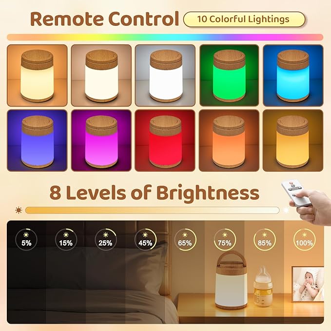 One Fire Night Light for Nursery, 10 Colors Dimmable Baby Night Lights for Nursery,1800mAh Rechargeable Lamp for Kids Lamp,Remote+Timer Kids Lantern,Portable Night Light for Baby Light Wood Grain