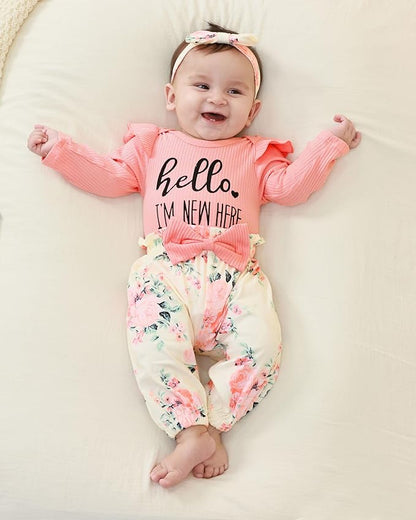 Newborn Infant Baby Girl Clothes Outfits Rib Romper Floral Pants with Headband Winter Clothing Set