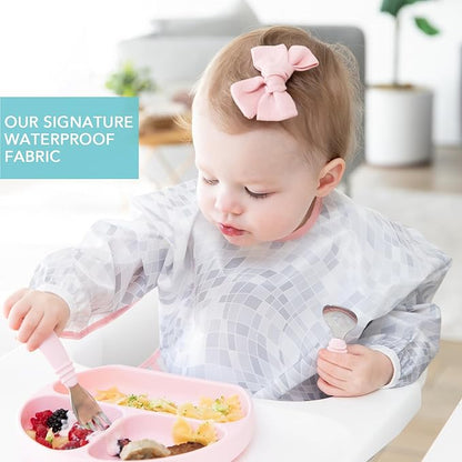 Bumkins Sleeved Baby Bib – Long Sleeve Waterproof Fabric Feeding Smock with Crumb Catcher Pocket, Adjustable Toddler Apron for Baby Led Weaning, Comfortable for Ages 6–24 Months, Cowgirl Boots 2-pack