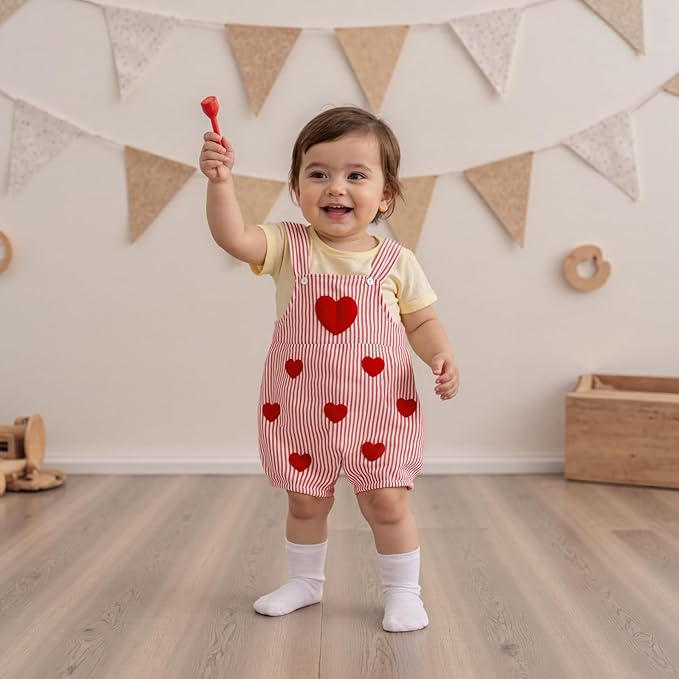 Baby Boy Valentines Outfit Heart Embroidery Bubble Romper Striped Sleeveless Onesie Newborn Boy Clothes