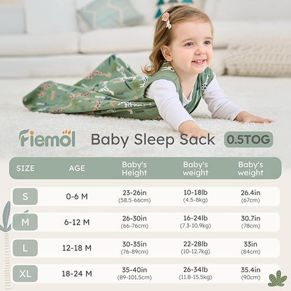 Baby Sleep Sack 6-12 months, 100% Cotton Sleeping Sack for Newborn and Infant, 3 Pack Baby Wearable Blanket for Boy and Girl, 0.5 Tog Lightweight Double Zipper Sleep Bag Green Brown Giraffe