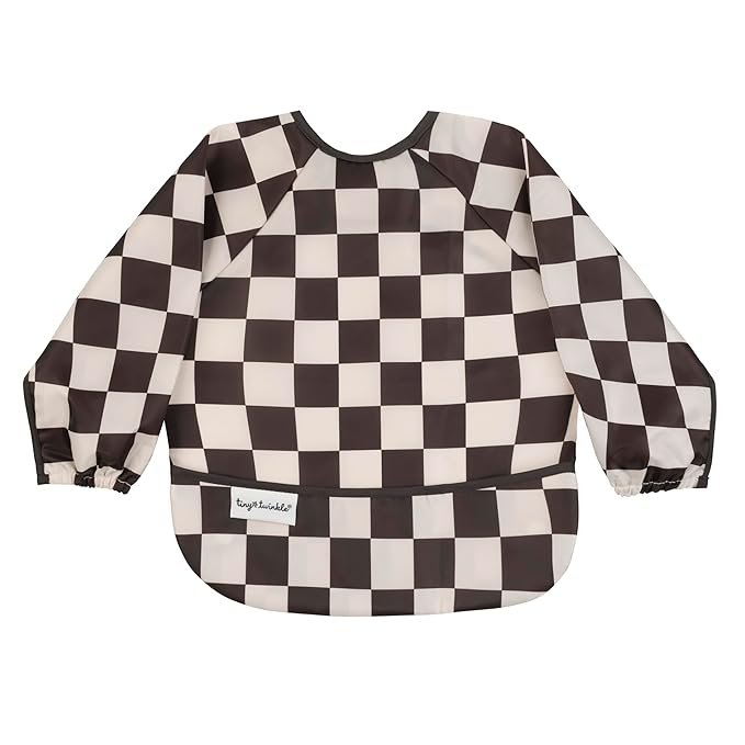 Tiny Twinkle Long Sleeve Bib for Babies & Toddlers | 2-Pack Waterproof Smock Bib for Eating | Machine Washable & Mess-Proof Feeding Essentials | Newborn Shower Gift (Black,Sage Checkers, 6-24M)