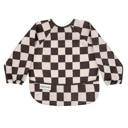 Tiny Twinkle Long Sleeve Bib for Babies & Toddlers | 2-Pack Waterproof Smock Bib for Eating | Machine Washable & Mess-Proof Feeding Essentials | Newborn Shower Gift (Black,Sage Checkers, 6-24M)