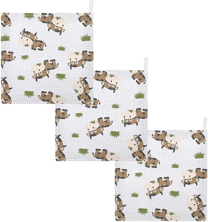 vvfelixl Cotton Brown Cow Grass Muslin Washcloths - Soft Baby Face Towel for Newborns, 11.8 X 11.8 Inch, 3 Pack