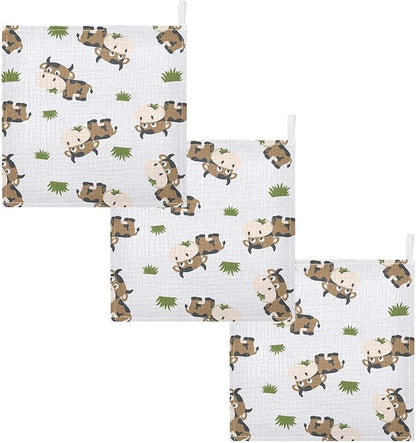 vvfelixl Cotton Brown Cow Grass Muslin Washcloths - Soft Baby Face Towel for Newborns, 11.8 X 11.8 Inch, 3 Pack