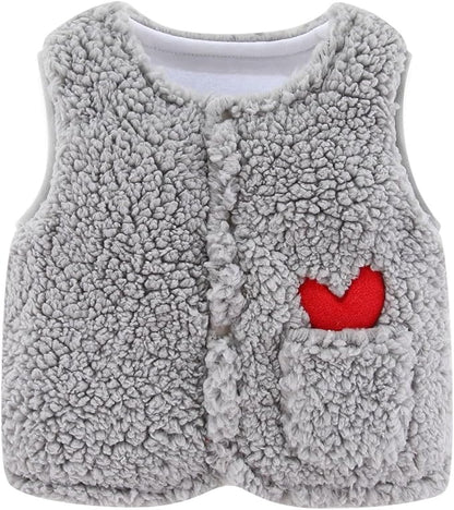 Baby Infant Sherpa Fleece Vest Boys Girls Cute Heart Graphic Warm Sleeveless Jacket Soft Fuzzy Outerwear with Pockets