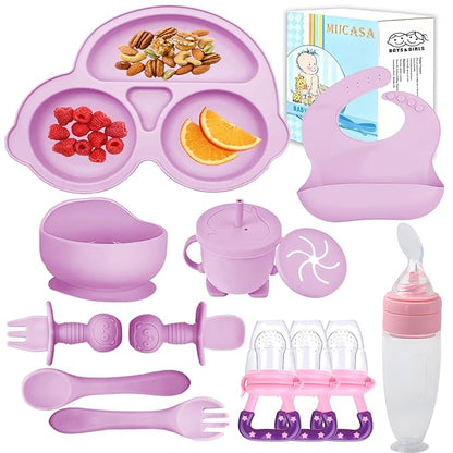 Silicone Baby Feeding Set,Miicasa Baby Led Weaning Supplies Kit With Suction Bowl & Car Plate, Bib, Spoon, Fork, Cup - Food-Grade Silicone, Dishwasher-Safe, No BPAs - For 3+ Months