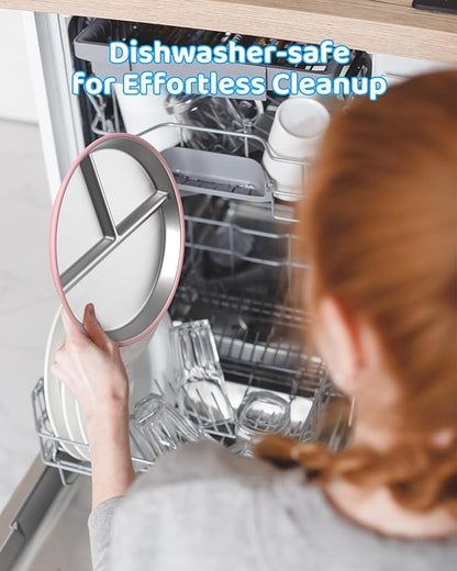 Stainless Steel Kids Plates (2 Pack): 9" Divided Plates with Silicone Suction for Babies, Unbreakable Dinner Dishes for Toddlers, Non Toxic, BPA Free, Anti-Slip, Dishwasher Safe (Pink & Yellow)